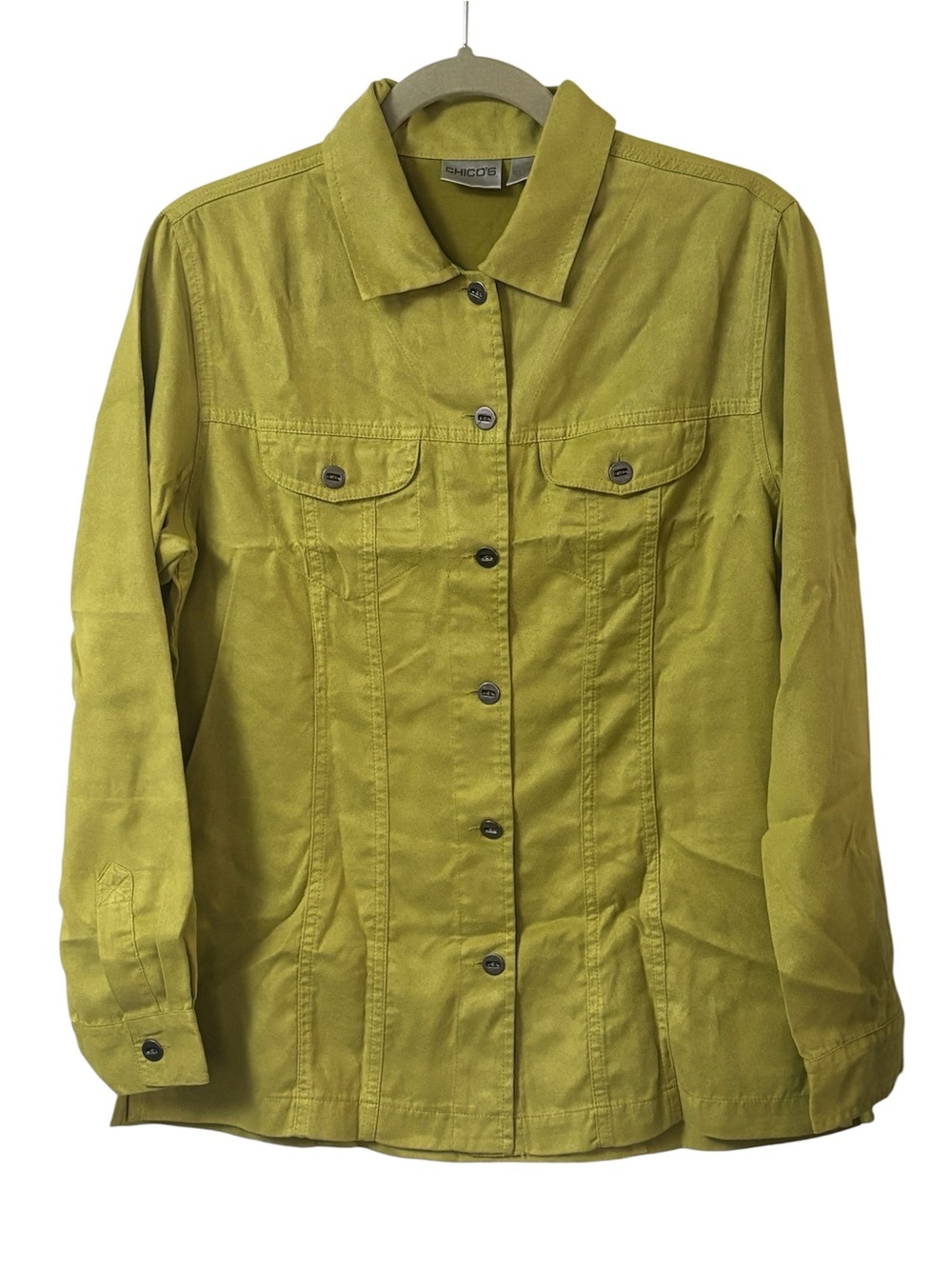 Chicos Pea Green Collared Long Sleeve Button Up Blouse Soft Faux Suede Boho Sz 1